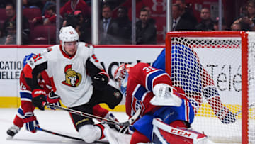 MONTREAL, QC - SEPTEMBER 30: Ottawa Senators center Logan Brown (51) shoots on Montreal Canadiens goalie Carey Price (31) during the Ottawa Senators versus the Montreal Canadiens preseason game on September 30, 2017, at Bell Centre in Montreal, QC (Photo by David Kirouac/Icon Sportswire via Getty Images)