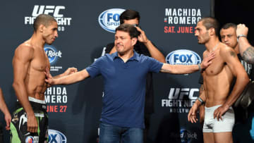HOLLYWOOD, FL - JUNE 26: Hacran Dias of Brazil (L) and Levan Makashvili (R) are separated by UFC matchmaker Joe Silva (C) during the UFC weigh-in at the Seminole Hard Rock Casino on June 26, 2015 in Hollywood, Florida. (Photo by Josh Hedges/Zuffa LLC/Zuffa LLC via Getty Images)