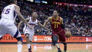 Apr 1, 2013; Atlanta, GA, USA; Cleveland Cavaliers shooting guard Wayne Ellington (21) drives to the basket during the first quarter against the Atlanta Hawks at Philips Arena. Mandatory Credit: Joshua S. Kelly-USA TODAY Sports