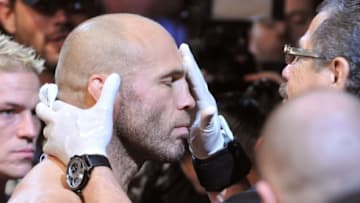 PORTLAND, OR - AUGUST 29: UFC fighter Randy Couture (L) gets prepared by Stitch (R) before getting into the Octagon for his fight against UFC fighter Antonio Nogueira during their Heavyweight bout at UFC 102: Couture vs. Nogueira at the Rose Garden Arena on August 29, 2009 in Portland, Oregon. (Photo by Jon Kopaloff/Getty Images)