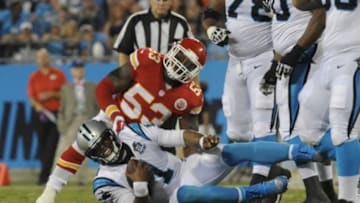 Aug 17, 2014; Charlotte, NC, USA; Carolina Panthers quarterback Cam Newton (1) is sacked by Kansas City Chiefs linebacker Joe Mays (53) during the first half of the game at Bank of America Stadium. Mandatory Credit: Sam Sharpe-USA TODAY Sports