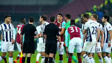 February 11th 2017, London Stadium, London, England, Premier League football, West Ham versus West Bromwich Albion; Jose Fonte of West Ham appeals to Referee Michael Oliver at full time, regarding West Brom's late equaliser (Photo by Mark Kerton/Action Plus via Getty Images)