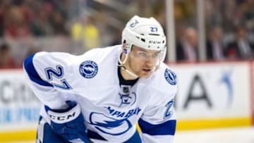 Nov 7, 2015; Saint Paul, MN, USA; Tampa Bay Lightning forward Jonathan Drouin (27) in the third period against the Minnesota Wild at Xcel Energy Center. The Minnesota Wild beat the Tampa Bay Lightning 1-0. Mandatory Credit: Brad Rempel-USA TODAY Sports