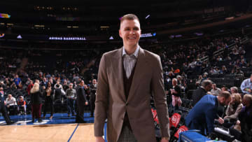 NEW YORK, NY - MARCH 13: Kristaps Porzingis #6 of the New York Knicks looks on prior to the game against the Dallas Mavericks on March 13, 2018 at Madison Square Garden in New York City, New York. NOTE TO USER: User expressly acknowledges and agrees that, by downloading and or using this photograph, User is consenting to the terms and conditions of the Getty Images License Agreement. Mandatory Copyright Notice: Copyright 2018 NBAE (Photo by Matteo Marchi/NBAE via Getty Images)