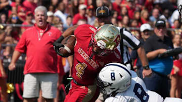 Logan Casey of Bergen Catholic is taken down by Jaylen McClain of Seton Hall Prep as number 5 Seton Hall Prep came to Oradell, NJ to take on top ranked Bergen Catholic on September 17, 2022.Number 5 Seton Hall Prep Came To Oradell Nj To Take On Top Ranked Bergen Catholic On September 17 2022