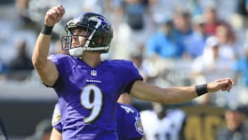 Sep 25, 2016; Jacksonville, FL, USA; Baltimore Ravens kicker Justin Tucker (9) watches the go ahead kick during the second half of a football game against the Jacksonville Jaguars at EverBank FieldThe Baltimore Ravens won 19-17. Mandatory Credit: Reinhold Matay-USA TODAY Sports