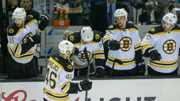 Mar 15, 2016; San Jose, CA, USA; Boston Bruins center David Krejci (46) celebrates scoring against the San Jose Sharks in the first period at SAP Center at San Jose. Mandatory Credit: John Hefti-USA TODAY Sports.