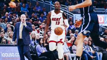 Bam Adebayo #13 of the Miami Heat takes the ball up court (Photo by Harry Aaron/Getty Images)
