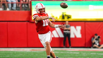 Sep 16, 2023; Lincoln, Nebraska, USA; Nebraska Cornhuskers quarterback Heinrich Haarberg (10) throws against the Northern Illinois Huskies during the second quarter at Memorial Stadium. Mandatory Credit: Dylan Widger-USA TODAY Sports