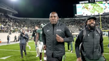 EAST LANSING, MICHIGAN - OCTOBER 15: Head coach Mel Tucker of the Michigan State Spartans runs off the field after defeating the Wisconsin Badgers in double overtime at Spartan Stadium on October 15, 2022 in East Lansing, Michigan. (Photo by Nic Antaya/Getty Images)