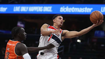 WASHINGTON, DC - OCTOBER 10: Johnny Davis #1 of the Washington Wizards shoots against the Cairns Taipans during the second half of a preseason game at Capital One Arena on October 10, 2023 in Washington, DC. NOTE TO USER: User expressly acknowledges and agrees that, by downloading and or using this photograph, User is consenting to the terms and conditions of the Getty Images License Agreement. (Photo by Patrick Smith/Getty Images)