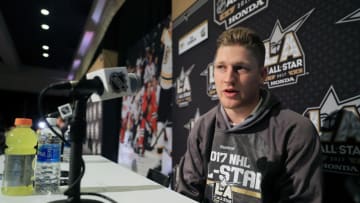 LOS ANGELES, CA - JANUARY 28: Nathan MacKinnon #29 of the Colorado Avalanche speaks to the media during 2017 NHL All-Star Media Day as part of the 2017 NHL All-Star Weekend at the JW Marriott on January 28, 2017 in Los Angeles, California. (Photo by Sean M. Haffey/Getty Images)