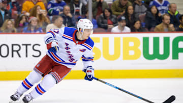 VANCOUVER, BC - MARCH 13: New York Rangers Right Wing Jesper Fast (17) skates up ice during their NHL game against the Vancouver Canucks at Rogers Arena on March 13, 2019 in Vancouver, British Columbia, Canada. Vancouver won 4-1. (Photo by Derek Cain/Icon Sportswire via Getty Images)