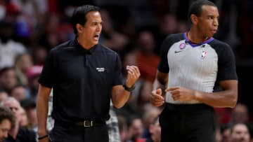 Head coach Erik Spoelstra of the Miami Heat has words with referee Phenizee Ransom #70 during the second quarter against the Portland Trail Blazers(Photo by Megan Briggs/Getty Images)