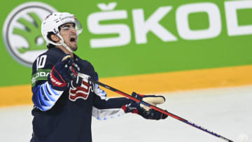 US forward Matthew Beniers. (Photo by GINTS IVUSKANS/AFP via Getty Images)