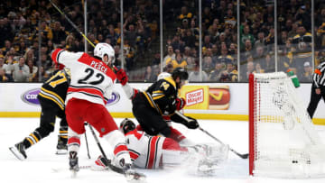 BOSTON, MASSACHUSETTS - MAY 12: Jake DeBrusk #74 of the Boston Bruins scores a first period goal against Petr Mrazek #34 of the Carolina Hurricanes in Game Two of the Eastern Conference Final during the 2019 NHL Stanley Cup Playoffs at TD Garden on May 12, 2019 in Boston, Massachusetts. (Photo by Bruce Bennett/Getty Images)