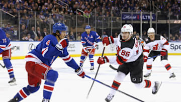 NEW YORK, NEW YORK - APRIL 29: Jack Hughes #86 of the New Jersey Devils skates against the New York Rangers in Game Six of the First Round of the 2023 Stanley Cup Playoffs at Madison Square Garden on April 29, 2023 in New York, New York. The Rangers defeated the Devils 5-2. (Photo by Bruce Bennett/Getty Images)