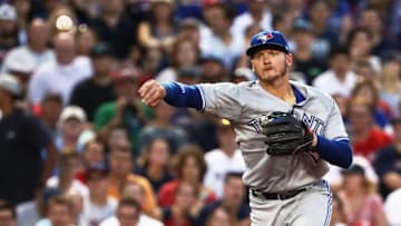 BOSTON, MA - JULY 17: Josh Donaldson #20 of the Toronto Blue Jays throws to first base in the third inning of a game against the Boston Red Sox at Fenway Park on July 17, 2017 in Boston, Massachusetts. (Photo by Adam Glanzman/Getty Images)