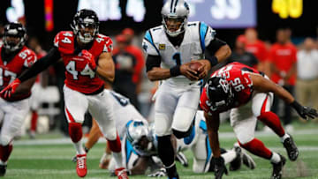 ATLANTA, GA - SEPTEMBER 16: Cam Newton #1 of the Carolina Panthers breaks away on a long run during the first half against the Carolina Panthers at Mercedes-Benz Stadium on September 16, 2018 in Atlanta, Georgia. (Photo by Kevin C. Cox/Getty Images)