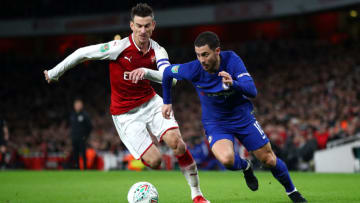 LONDON, ENGLAND - JANUARY 24: Eden Hazard of Chelsea and Laurent Koscielny of Arsenal in action during the Carabao Cup Semi-Final Second Leg at Emirates Stadium on January 24, 2018 in London, England. (Photo by Julian Finney/Getty Images)