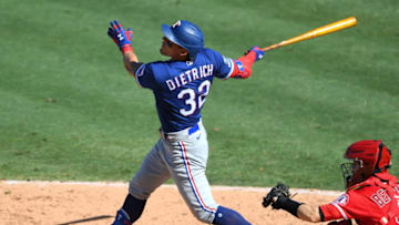 ANAHEIM, CA - SEPTEMBER 20: Derek Dietrich #32 of the Texas Rangers at bat in the game against the Los Angeles Angels at Angel Stadium of Anaheim on September 20, 2020 in Anaheim, California. (Photo by Jayne Kamin-Oncea/Getty Images)
