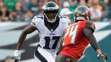 Aug 11, 2016; Philadelphia, PA, USA; Philadelphia Eagles wide receiver Nelson Agholor (17) goes out for a pass against Tampa Bay Buccaneers defensive back Brent Grimes (24) at Lincoln Financial Field. The Philadelphia Eagles won 17-9. Mandatory Credit: Bill Streicher-USA TODAY Sports