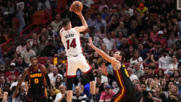 Miami Heat guard Tyler Herro (14) shoots over Atlanta Hawks forward Danilo Gallinari (8)(Jasen Vinlove-USA TODAY Sports)