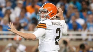 Aug 9, 2014; Detroit, MI, USA; Cleveland Browns quarterback Johnny Manziel (2) throws a pass during the second quarter against the Detroit Lions at Ford Field. Mandatory Credit: Tim Fuller-USA TODAY Sports