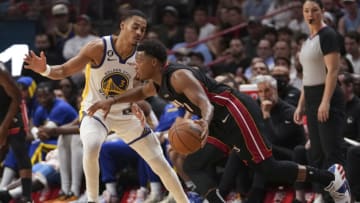 Kyle Lowry #7 of the Miami Heat dribbles the ball past Jordan Poole #3 of the Golden State Warriors(Photo by Eric Espada/Getty Images)