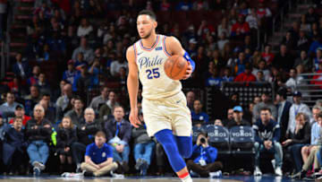 PHILADELPHIA, PA - APRIL 8: Ben Simmons #25 of the Philadelphia 76ers handles the ball against the Dallas Mavericks on April 8, 2018 at Wells Fargo Center in Philadelphia, Pennsylvania. NOTE TO USER: User expressly acknowledges and agrees that, by downloading and/or using this photograph, user is consenting to the terms and conditions of the Getty Images License Agreement. Mandatory Copyright Notice: Copyright 2018 NBAE (Photo by Jesse D. Garrabrant/NBAE via Getty Images)