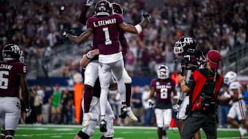 Sep 24, 2022; Arlington, Texas, USA; Texas A&M Aggies wide receiver Evan Stewart (1) celebrates catching a pass for a touchdown against the Arkansas Razorbacks during the second quarter at AT&T Stadium. Mandatory Credit: Jerome Miron-USA TODAY Sports