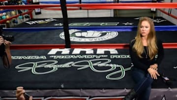 Feb 18, 2015; Glendale, CA, USA; Ronda Rousey talks about her upcoming championship fight during media day for UFC 184 at Glendale Fighting Club. Mandatory Credit: Jayne Kamin-Oncea-USA TODAY Sports
