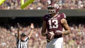 Oct 26, 2013; College Station, TX, USA; Texas A&M Aggies wide receiver Mike Evans (13) celebrates scoring a touchdown against the Vanderbilt Commodores during the second half at Kyle Field. Texas A&M won 56-24. Mandatory Credit: Thomas Campbell-USA TODAY Sports
