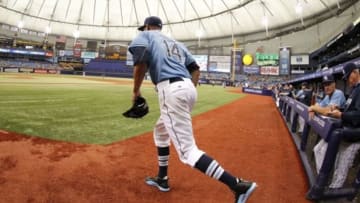 Jun 25, 2014; St. Petersburg, FL, USA; Tampa Bay Rays starting pitcher David Price (14) takes the field for the ninth inning against the Pittsburgh Pirates at Tropicana Field. Tampa Bay Rays defeated the Pittsburgh Pirates 5-1. Mandatory Credit: Kim Klement-USA TODAY Sports