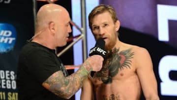 Jul 10, 2015; Las Vegas, NV, USA; Conor McGregor is interviewed by Joe Rogan after weighing in against Chad Mendes (not pictured) during weigh-ins for UFC 189 at MGM Grand Garden Arena. Mandatory Credit: Joe Camporeale-USA TODAY Sports