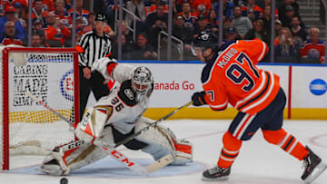 EDMONTON, AB - JANUARY 04: Edmonton Oilers Center Connor McDavid (97) is stopped by Anaheim Ducks Goalie John Gibson (36) in a shoot out during the Edmonton Oilers versus the Anaheim Ducks at Rogers Place on JANUARY 04, 2017 in Edmonton Alberta: (Photo by Curtis Comeau/Icon Sportswire via Getty Images)