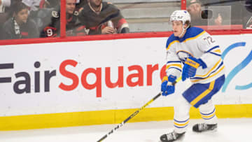 Jan 1,, 2023; Ottawa, Ontario, CAN; Buffalo Sabres center Tage Thompson (72) skates with the puck in the third period against the Ottawa Senators at the Canadian Tire Centre. Mandatory Credit: Marc DesRosiers-USA TODAY Sports