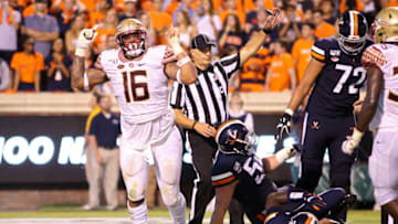CHARLOTTESVILLE, VA - SEPTEMBER 14: Cory Durden #16 of the Florida State Seminoles celebrates a defensive stop in the second half during a game against the Virginia Cavaliers at Scott Stadium on September 14, 2019 in Charlottesville, Virginia. (Photo by Ryan M. Kelly/Getty Images)