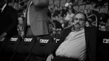 DETROIT, MI - JANUARY 15: (Editors Note: Image has been converted to black and white) Head Coach Stan Van Gundy of the Detroit Pistons looks on prior to the start of the game against the Charlotte Hornets on January 15, 2018 at Little Caesars Arena in Detroit, Michigan. NOTE TO USER: User expressly acknowledges and agrees that, by downloading and/or using this photograph, User is consenting to the terms and conditions of the Getty Images License Agreement. Mandatory Copyright Notice: Copyright 2018 NBAE (Photo by Chris Schwegler/NBAE via Getty Images)