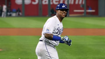 KANSAS CITY, MISSOURI - SEPTEMBER 24: Salvador Perez #13 of the Kansas City Royals rounds the bases after hitting a three-run home run during the 1st inning of the game against the Detroit Tigers at Kauffman Stadium on September 24, 2020 in Kansas City, Missouri. (Photo by Jamie Squire/Getty Images)