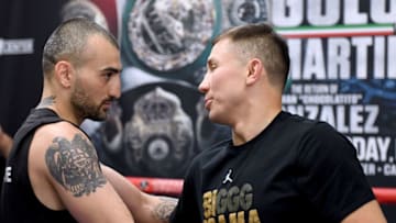 GLENDALE, CA - APRIL 23: Vanes Martirosyan greets Gennady Golovkin of Kazakhstan in the ring during a media workout at the Glendale Fighting Club on April 23, 2018 in Glendale, California. (Photo by Harry How/Getty Images)