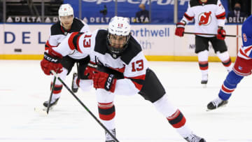 Nico Hischier #13 of the New Jersey Devils skates against the New York Rangers at Madison Square Garden on April 17, 2021 in New York City. (Photo by Bruce Bennett/Getty Images)