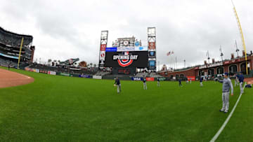 SAN FRANCISCO, CA - APRIL 05: The Tampa Bay Rays warms up prior to the start of a Major League Baseball game against the San Francisco Giants on Opening Day at Oracle Park on April 5, 2019 in San Francisco, California. (Photo by Thearon W. Henderson/Getty Images)