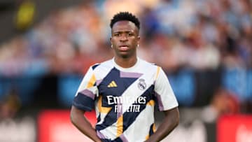 VIGO, SPAIN - AUGUST 25: Vinicius Junior of Real Madrid warms up prior to the LaLiga EA Sports match between Celta Vigo and Real Madrid CF at Estadio Balaidos on August 25, 2023 in Vigo, Spain. (Photo by Juan Manuel Serrano Arce/Getty Images)