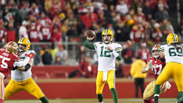 SANTA CLARA, CALIFORNIA - JANUARY 19: Aaron Rodgers #12 of the Green Bay Packers throws a pass against the San Francisco 49ers in the second half during the NFC Championship game at Levi's Stadium on January 19, 2020 in Santa Clara, California. (Photo by Thearon W. Henderson/Getty Images)
