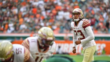 MIAMI, FL - OCTOBER 06: Ricky Aguayo #23 of the Florida State Seminoles kicks a field goal in the first half against the at Hard Rock Stadium on October 6, 2018 in Miami, Florida. (Photo by Mark Brown/Getty Images)