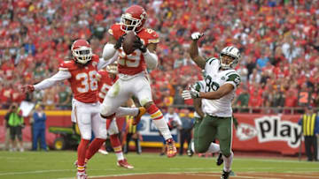Sep 25, 2016; Kansas City, MO, USA; Kansas City Chiefs strong safety Eric Berry (29) intercepts a pass intended for New York Jets wide receiver Jalin Marshall (89) during the second half at Arrowhead Stadium. The Chiefs won 24-3. Mandatory Credit: Denny Medley-USA TODAY Sports