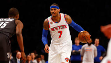 BROOKLYN, NY - MARCH 12: (NEW YORK DAILIES OUT) Carmelo Anthony #7 of the New York Knicks in action against the Brooklyn Nets at Barclays Center on March 12, 2017 in the Brooklyn borough of New York City. The Nets defeated the Knicks 120-112. (Photo by Jim McIsaac/Getty Images)