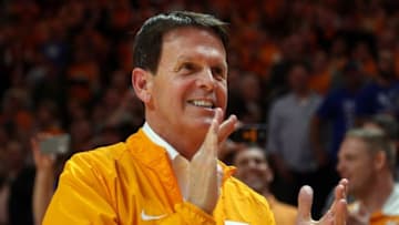 Feb 2, 2016; Knoxville, TN, USA; Tennessee Volunteers vice chancellor and director of athletics Dave Hart reacts after defeating the Kentucky Wildcats at Thompson-Boling Arena. Tennessee won 84 to 77. Mandatory Credit: Randy Sartin-USA TODAY Sports