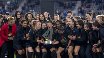 WASHINGTON, DC - OCTOBER 29: The Portland Thorns raise the NWSL trophy during NWSL Cup Final game between Kansas City Current and Portland Thorns FC at Audi Field on October 29, 2022 in Washington, DC. (Photo by Brad Smith/ISI Photos/Getty Images)